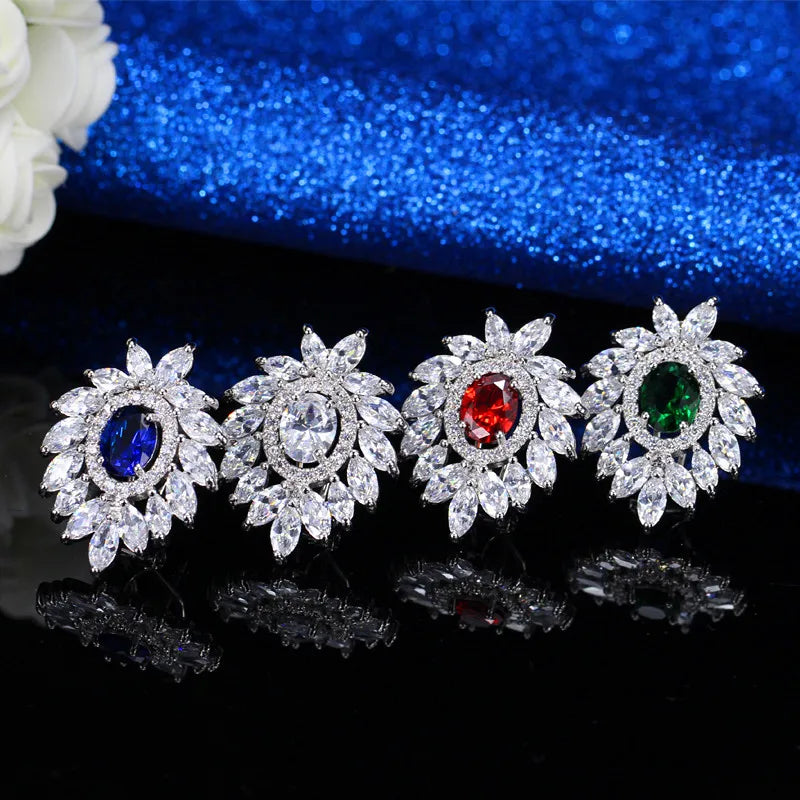 Luxury Feather Shape White Gold Plated Cubic Zirconia Bridal Stud Earrings for Women