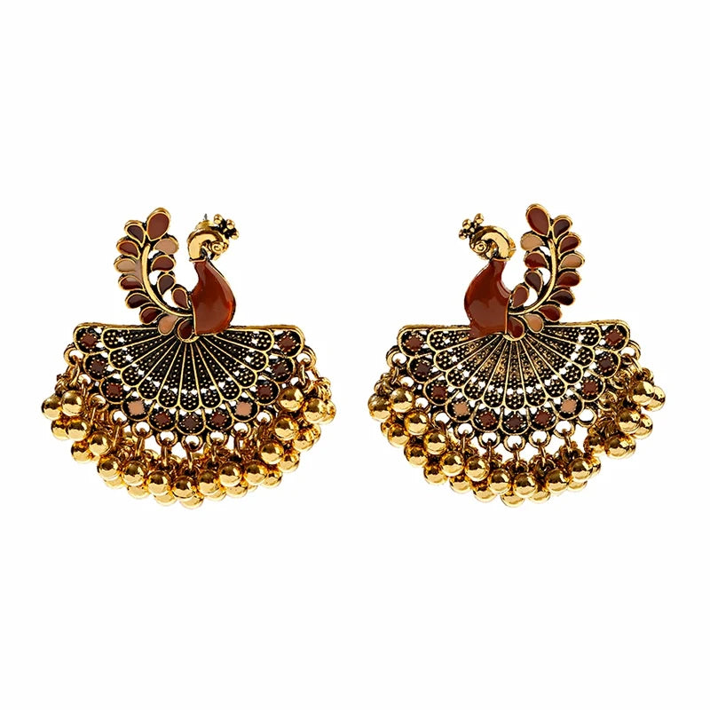 Ethnic Women's Peacock Indian Jewelry Gypsy Vintage Tribe Imitation Pearls Tassel Jhumka Earrings Fashion Jewelry