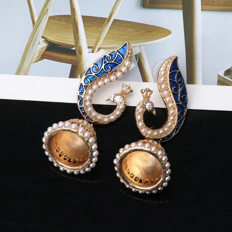 Retro Indian Bollywood Kundan Peacock Jhumka Jhumki Drop Earrings Imitation Pearls Women Gypsy Jewelry