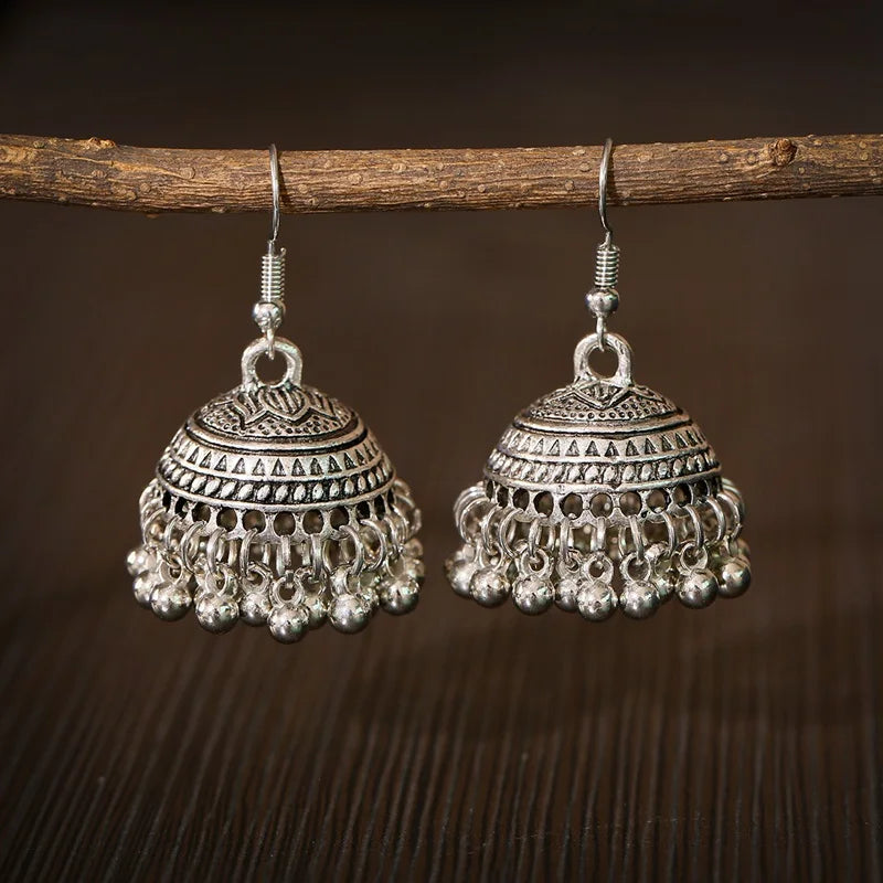 Tibetan Jewelry Silver Color India Geometric Hanging Dangle Drop Earrings Bohemia Bells Jhumka Earrings