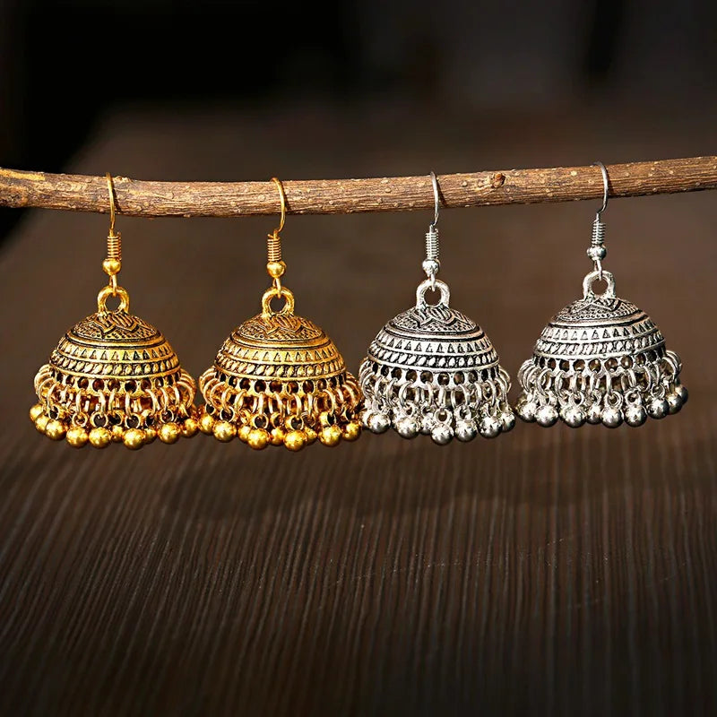 Tibetan Jewelry Silver Color India Geometric Hanging Dangle Drop Earrings Bohemia Bells Jhumka Earrings