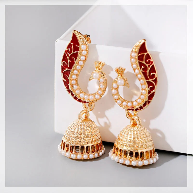 Ethnic Women's Peacock Indian Jewelry Gypsy Vintage Tribe Imitation Pearls Tassel Jhumka Earrings Fashion Jewelry