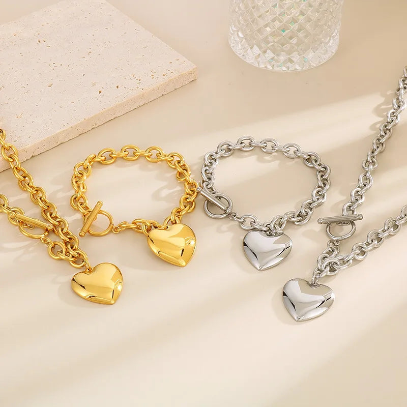 8mm Waterproof Stainless Steel Polished Heart Bracelet and Necklace Set Minimalist Gold Plated Link Chain Trendy Jewelry
