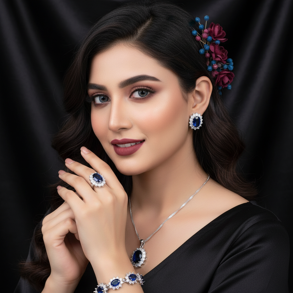 Zenat Blue Zirconia Silver 925 Women Bridal  Necklace Set