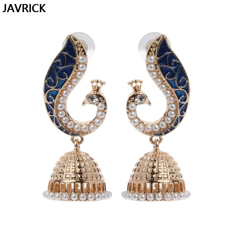 Retro Indian Bollywood Kundan Peacock Jhumka Jhumki Drop Earrings Imitation Pearls Women Gypsy Jewelry
