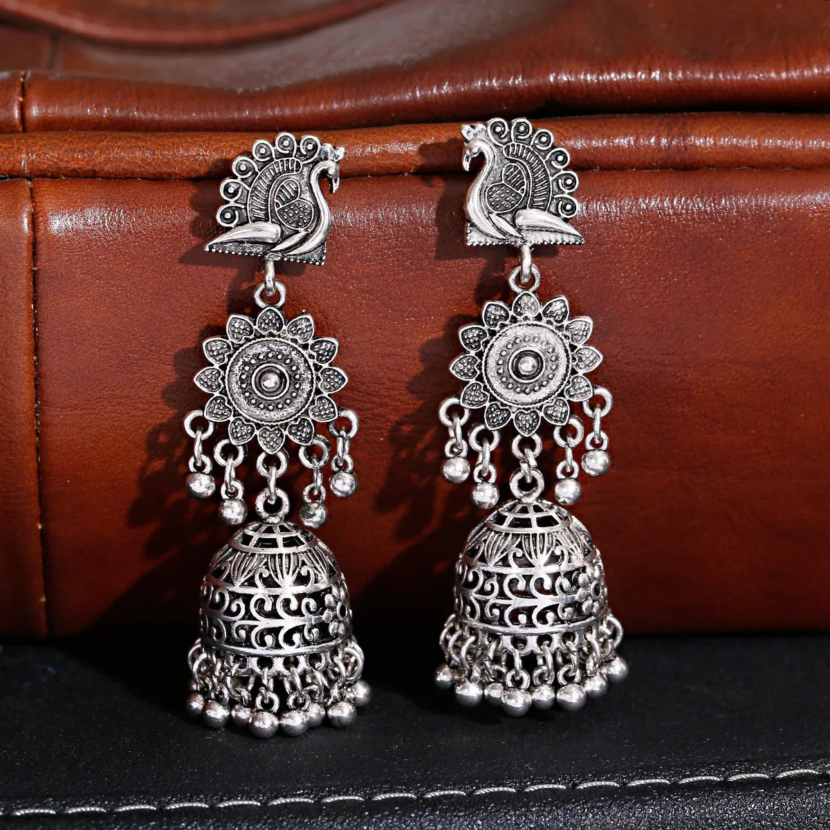 Retro Peacock Flower Afghan Jhumka Indian Earrings For Women Oorbellen Gypsy Jewelry Ethnic Bells Tassel Earrings