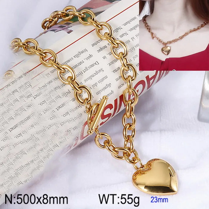 8mm Waterproof Stainless Steel Polished Heart Bracelet and Necklace Set Minimalist Gold Plated Link Chain Trendy Jewelry