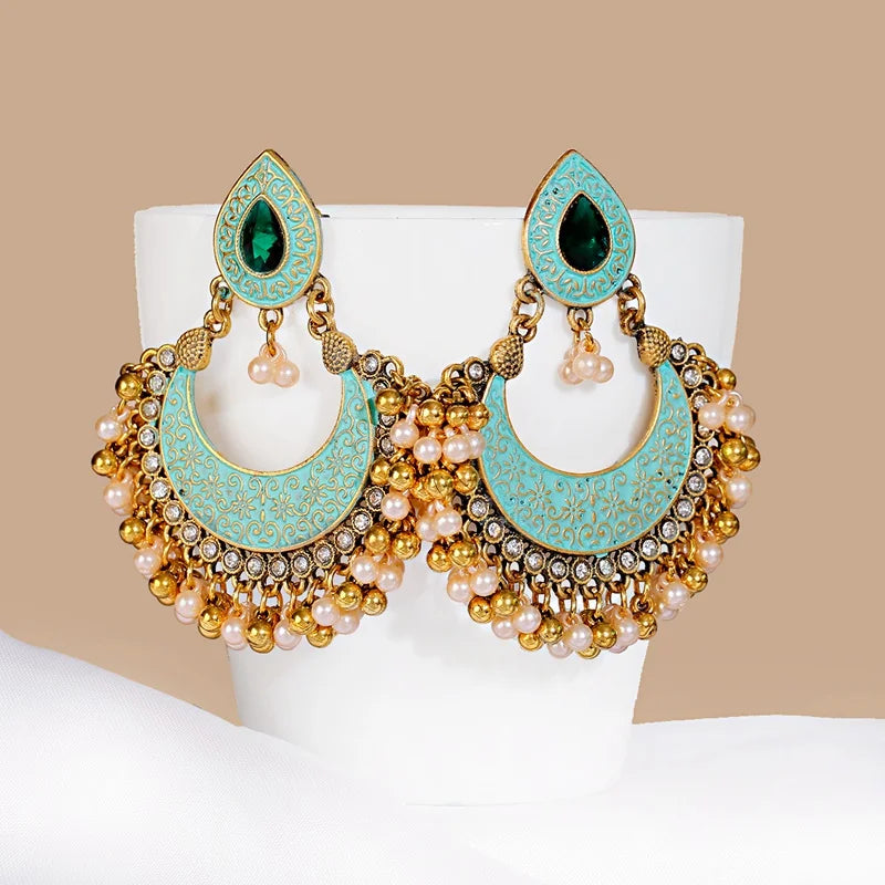 Ethnic Retro Green Sector Carved Turkish Jhumka Earrings For Women Indian Jewelry Pearl Tassel Earrings
