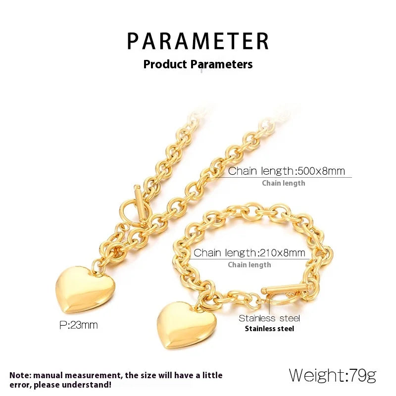 8mm Waterproof Stainless Steel Polished Heart Bracelet and Necklace Set Minimalist Gold Plated Link Chain Trendy Jewelry