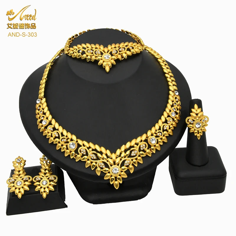 ANIID Dubai Jewelry Sets Gold Color 24k Luxury Big African Nigerian Necklace Bracelets Earring Ring For Wedding Jewelri Party
