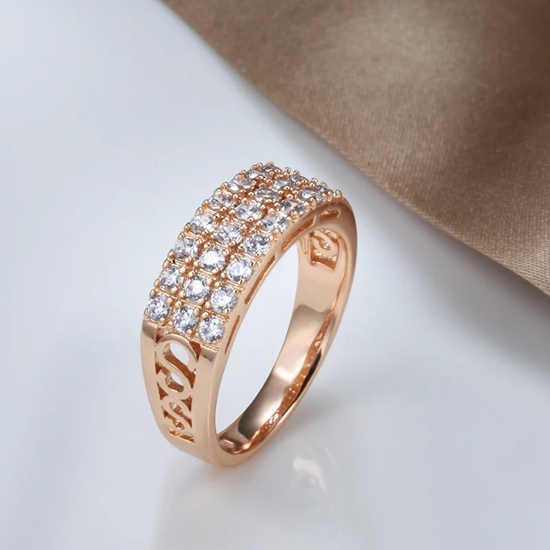 Kinel New 585 Rose Gold Ring Women Three Rows Micro-wax Inlay Natural Zircon Hollow Trendy Rings Fine Wedding Party Jewelry 2021