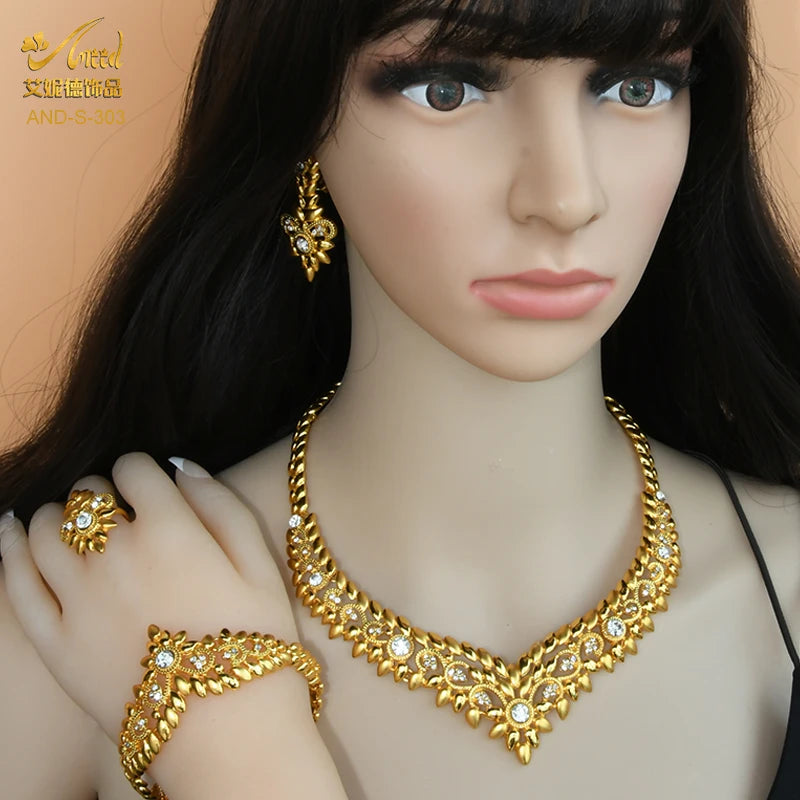 ANIID Dubai Jewelry Sets Gold Color 24k Luxury Big African Nigerian Necklace Bracelets Earring Ring For Wedding Jewelri Party