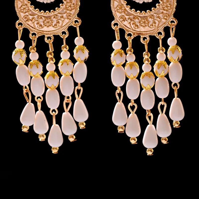 2020 Vintage Ethnic Bohemian White Beads Jhumka Earrings Geometric Metal Tassel Indian Earrings Tibetan Jewelry