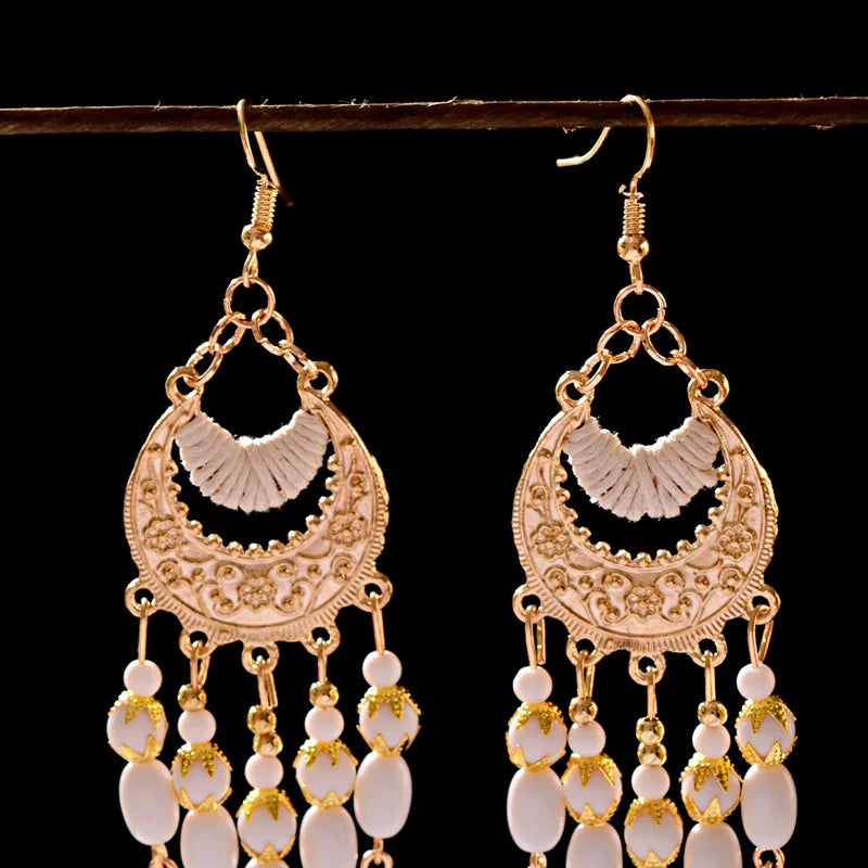 2020 Vintage Ethnic Bohemian White Beads Jhumka Earrings Geometric Metal Tassel Indian Earrings Tibetan Jewelry