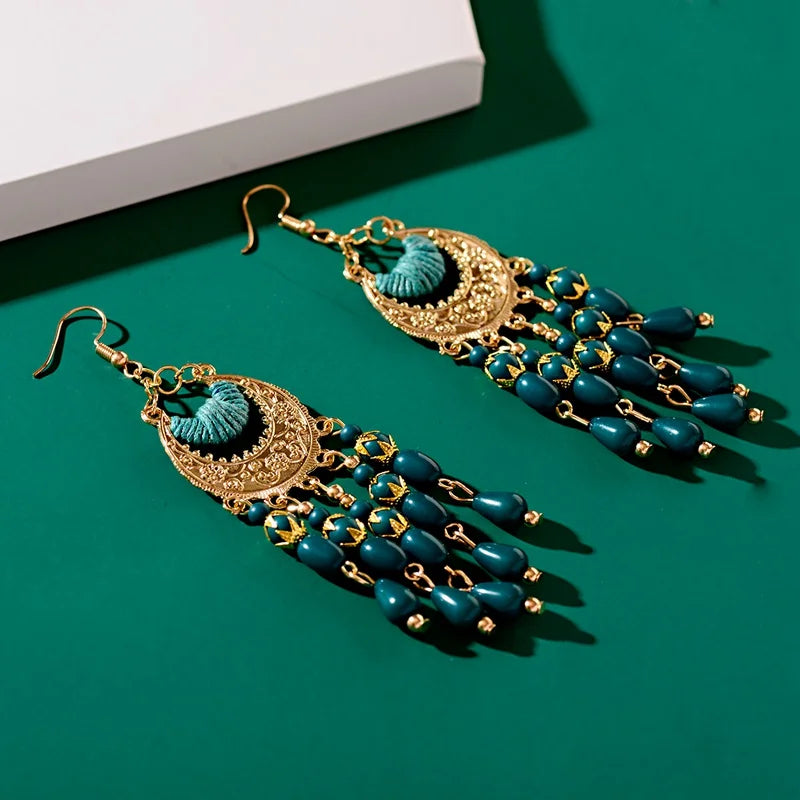 2020 Vintage Ethnic Bohemian White Beads Jhumka Earrings Geometric Metal Tassel Indian Earrings Tibetan Jewelry