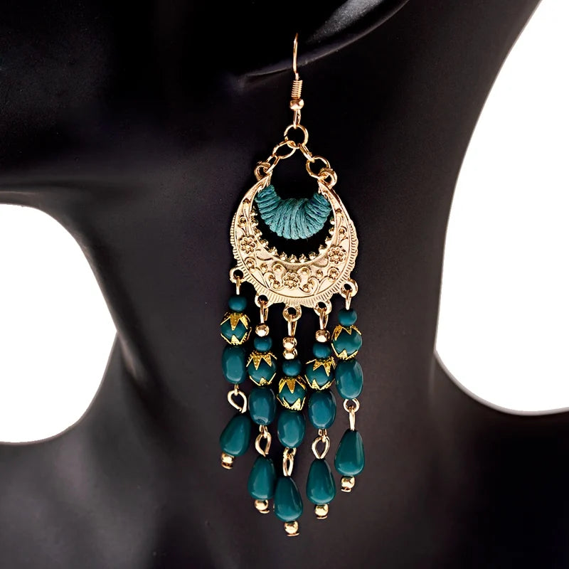 2020 Vintage Ethnic Bohemian White Beads Jhumka Earrings Geometric Metal Tassel Indian Earrings Tibetan Jewelry