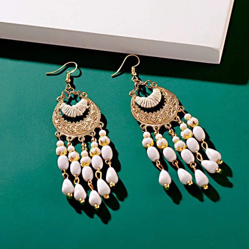 2020 Vintage Ethnic Bohemian White Beads Jhumka Earrings Geometric Metal Tassel Indian Earrings Tibetan Jewelry