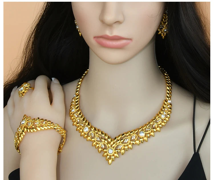 ANIID Dubai Jewelry Sets Gold Color 24k Luxury Big African Nigerian Necklace Bracelets Earring Ring For Wedding Jewelri Party