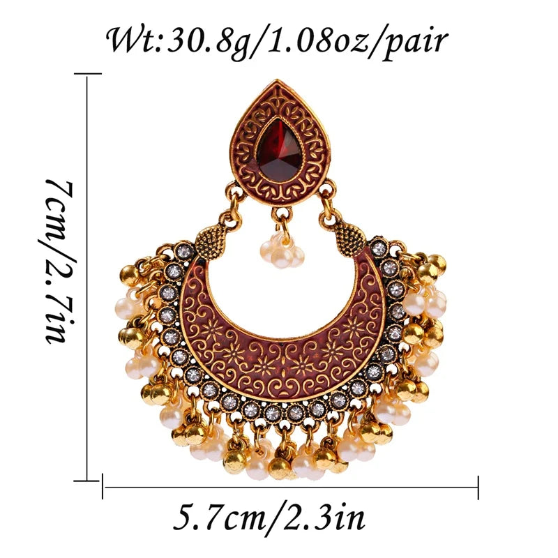 Ethnic Retro Green Sector Carved Turkish Jhumka Earrings For Women Indian Jewelry Pearl Tassel Earrings