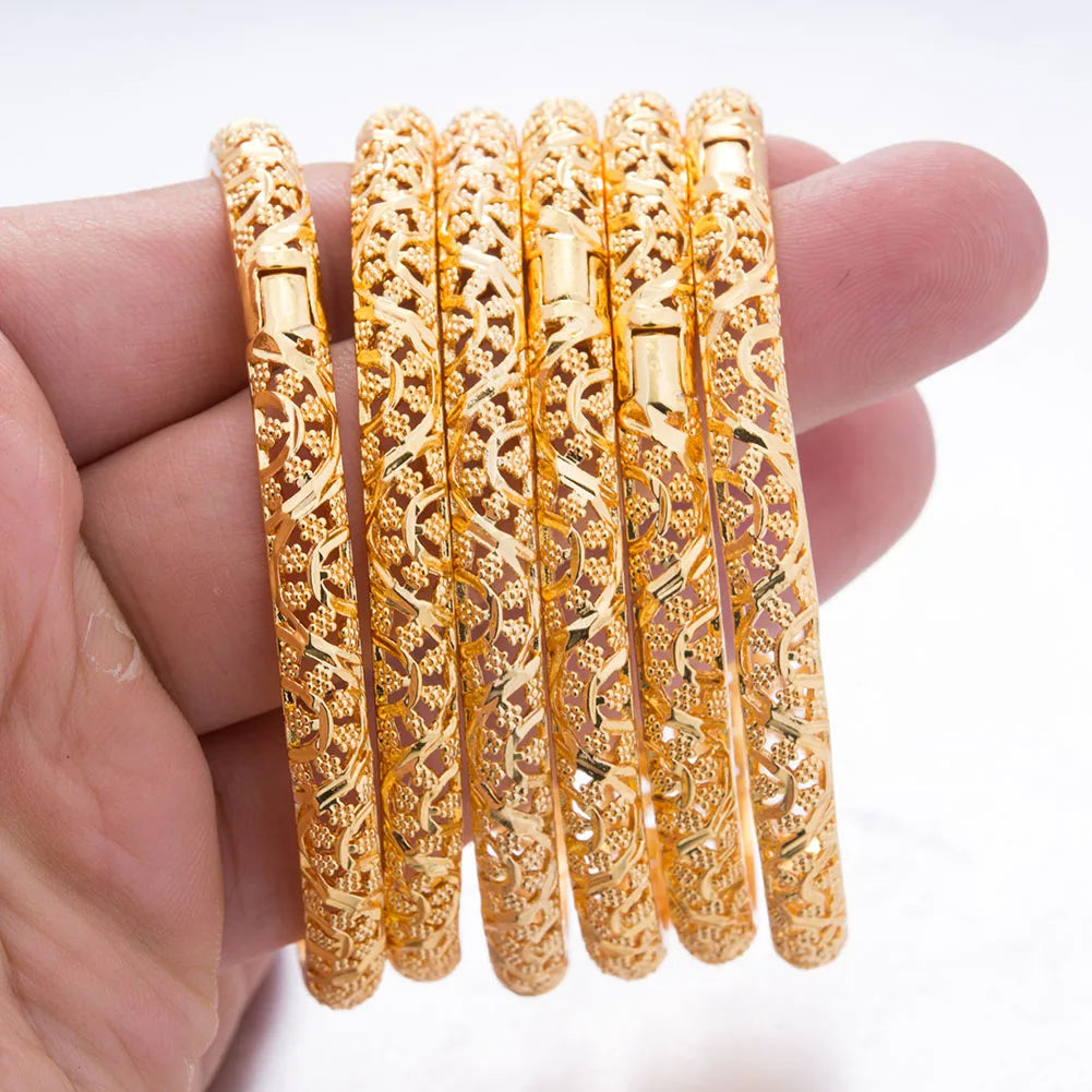24k 6Pcs Gold Color Dubai India Bangles For Women African Bridal Bangles Bracelets Gold Wedding Bangles Jewellery Gifts