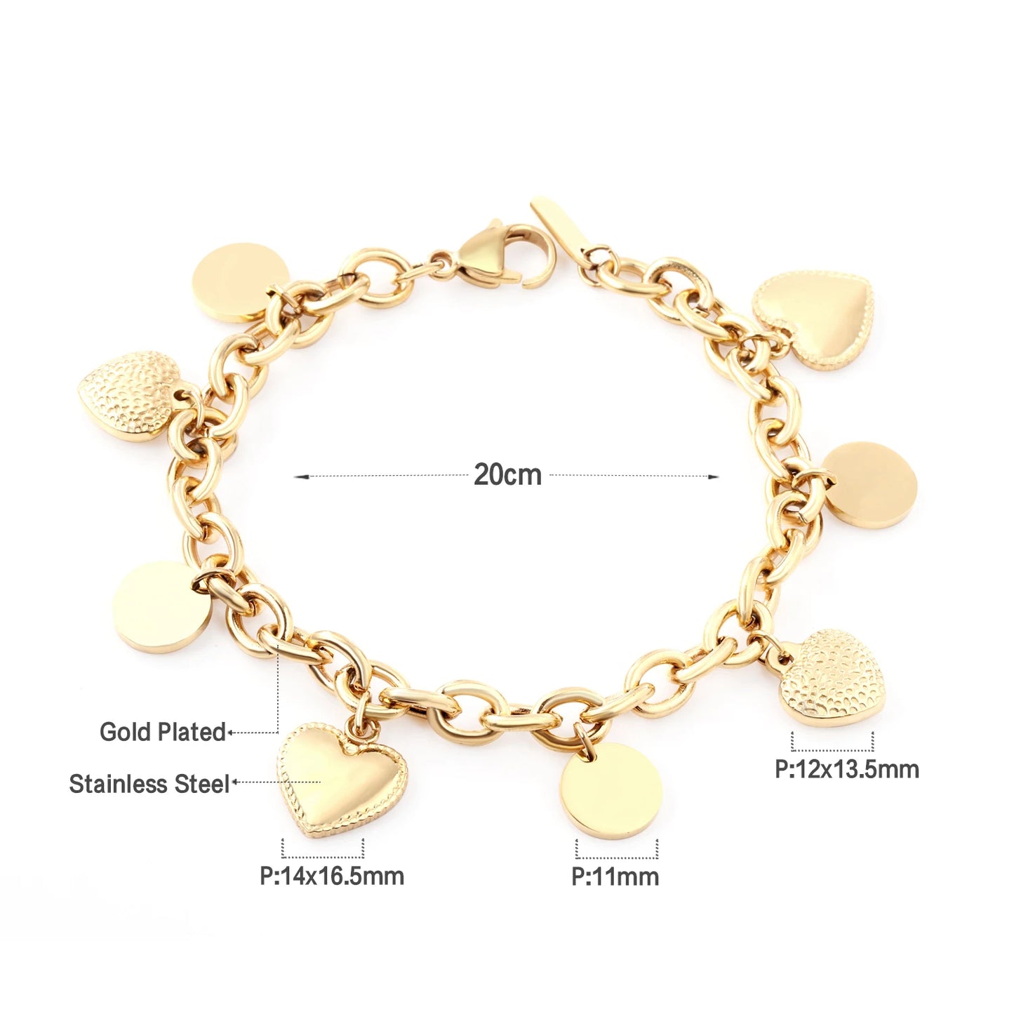 LUXUSTEEL Stainless Steel Heart Coin Charm Bracelet for Women Girl Golden Color Cuban Link Chain Bracelet Jewelry Gift 20cm