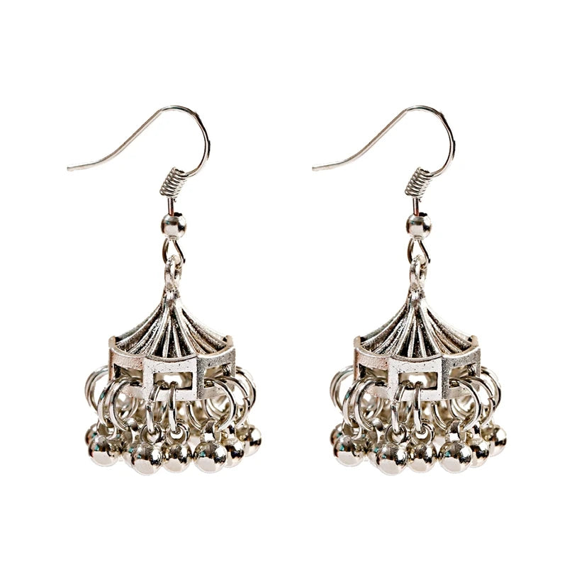 Tibetan Jewelry Silver Color India Geometric Hanging Dangle Drop Earrings Bohemia Bells Jhumka Earrings