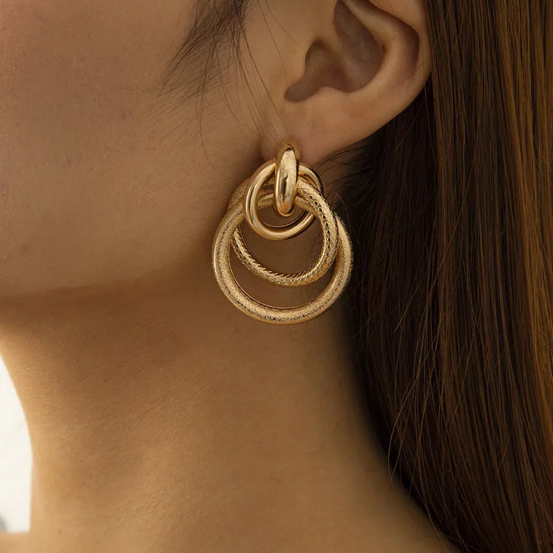 Exaggerated Twisted Dangle Earrings for Women Gold Color Metal Drop Earrings Heavy Multi Circles Earrings pendientes mujer