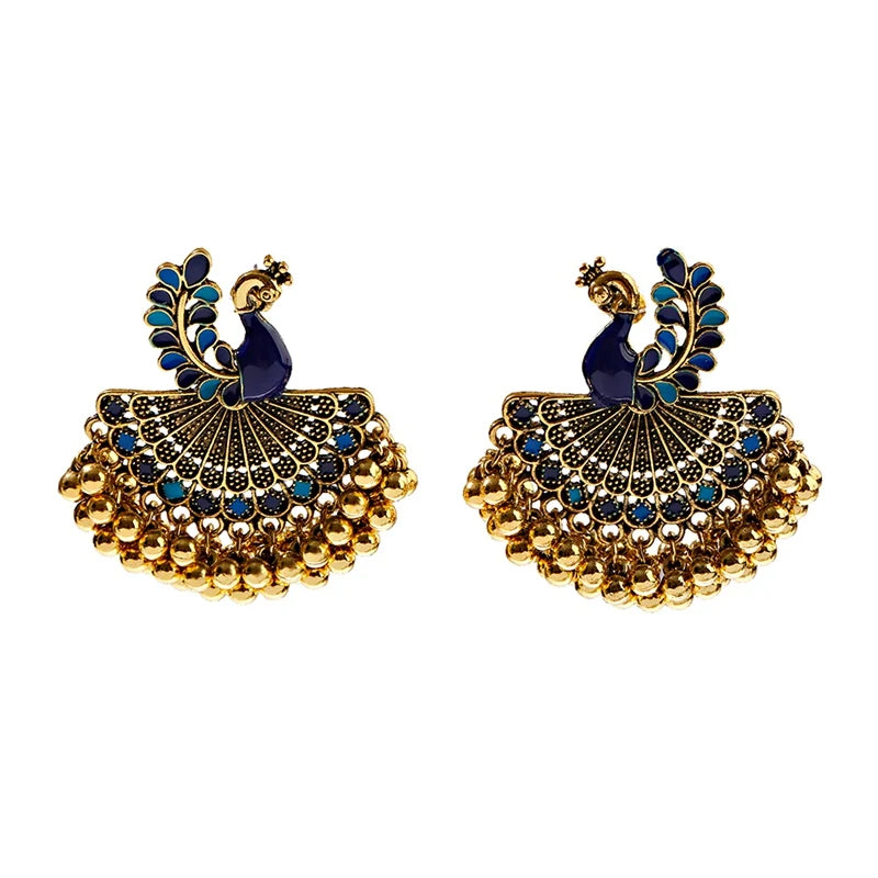 Ethnic Women's Peacock Indian Jewelry Gypsy Vintage Tribe Imitation Pearls Tassel Jhumka Earrings Fashion Jewelry