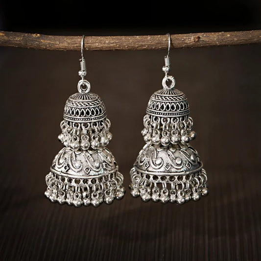Vintage Tibetan Jewelry Silver Color Two Bells Tassel Drop Earrings Oxidized Carved Turkish Jhumka Earrings