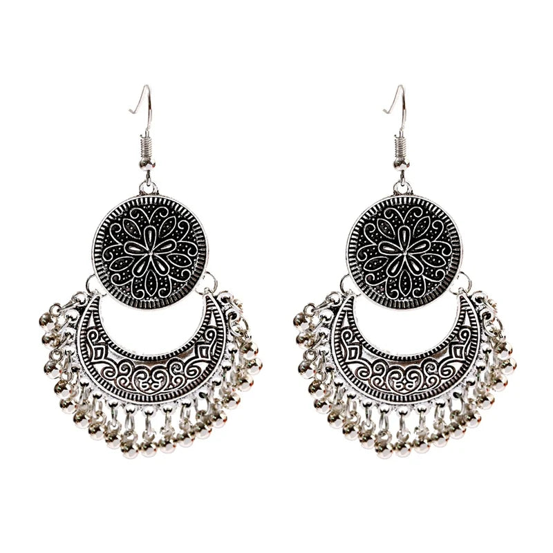 Tibetan Jewelry Silver Color India Geometric Hanging Dangle Drop Earrings Bohemia Bells Jhumka Earrings