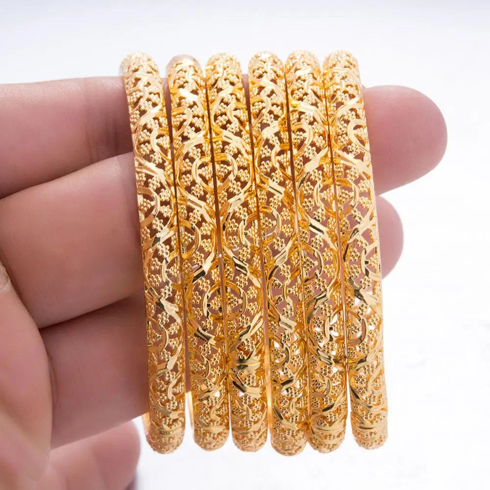 24k 6Pcs Gold Color Dubai India Bangles For Women African Bridal Bangles Bracelets Gold Wedding Bangles Jewellery Gifts