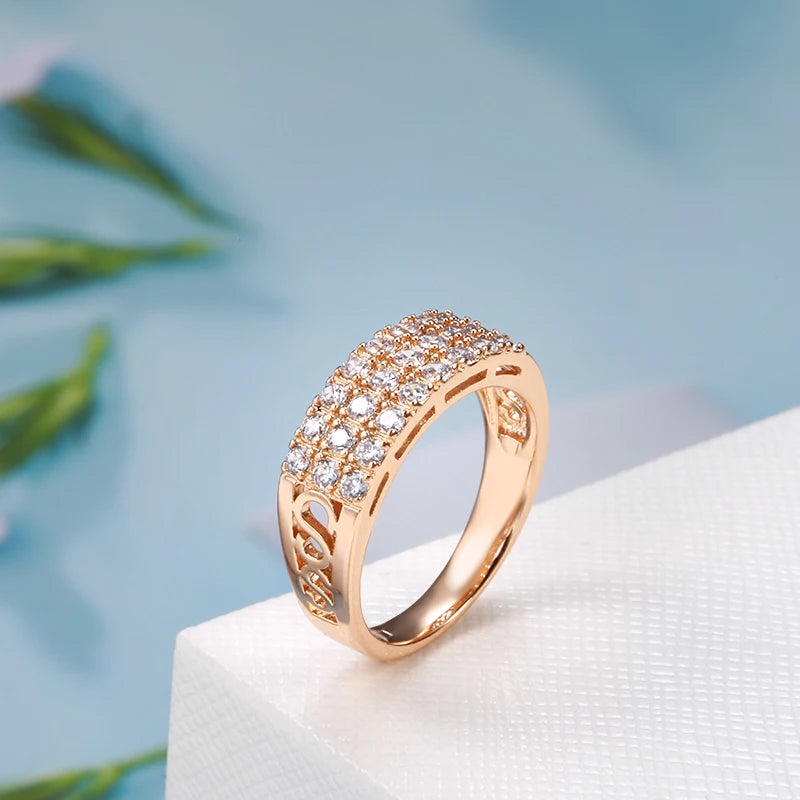 Kinel New 585 Rose Gold Ring Women Three Rows Micro-wax Inlay Natural Zircon Hollow Trendy Rings Fine Wedding Party Jewelry 2021