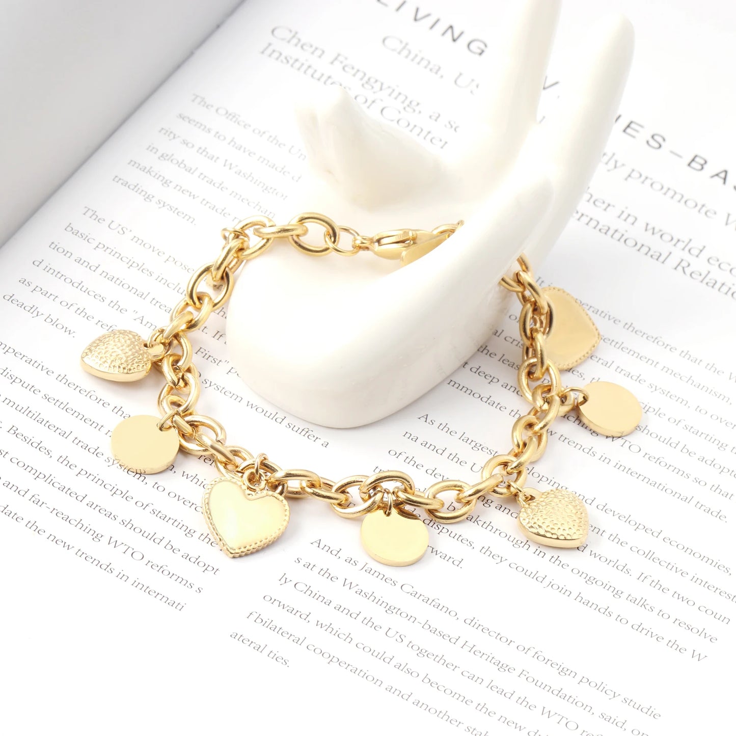 LUXUSTEEL Stainless Steel Heart Coin Charm Bracelet for Women Girl Golden Color Cuban Link Chain Bracelet Jewelry Gift 20cm