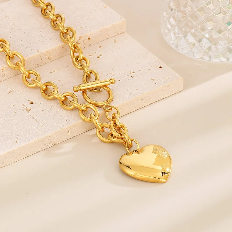 8mm Waterproof Stainless Steel Polished Heart Bracelet and Necklace Set Minimalist Gold Plated Link Chain Trendy Jewelry