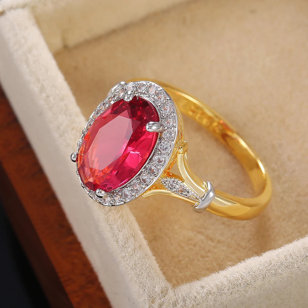 Huitan Big Oval Shaped Rose Red Cubic Zirconia Women Rings Luxury Ladies Jewelry for Party Best Mother's Gift Brilliant CZ Rings