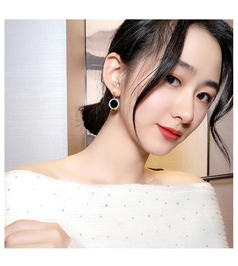 LATS Trend Rhinestone Geometric Drop Earrings for Women Korean Fashion Black Color Dangle Earring 2021 Female Elegant Jewelry