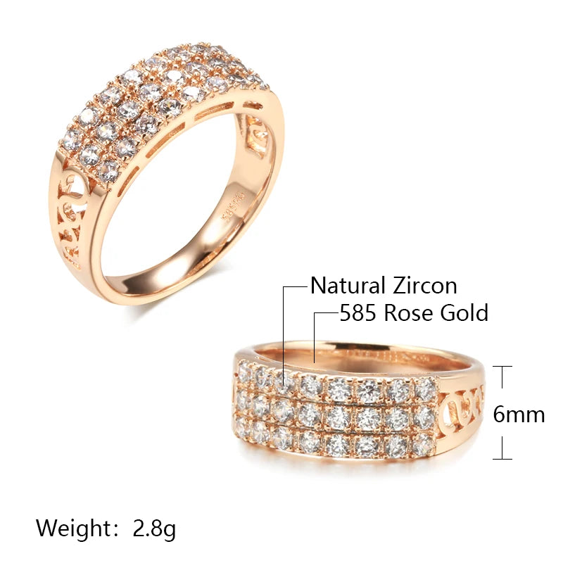 Kinel New 585 Rose Gold Ring Women Three Rows Micro-wax Inlay Natural Zircon Hollow Trendy Rings Fine Wedding Party Jewelry 2021