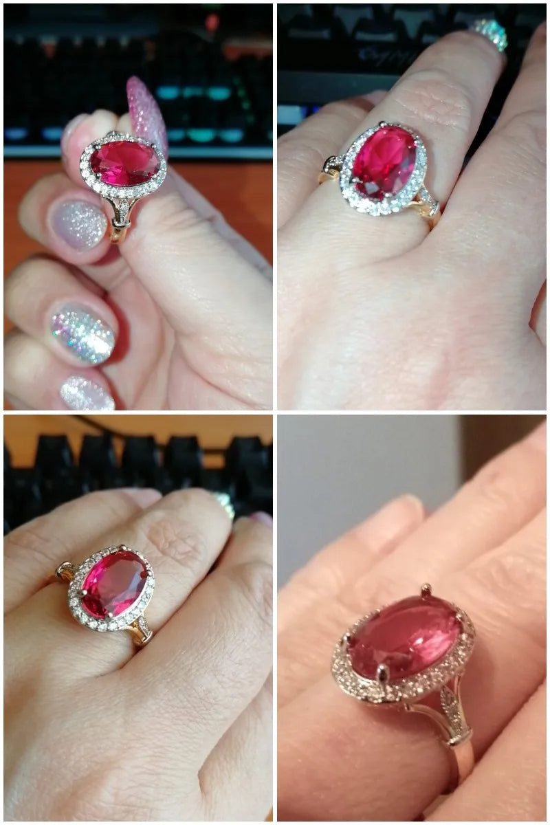 Huitan Big Oval Shaped Rose Red Cubic Zirconia Women Rings Luxury Ladies Jewelry for Party Best Mother's Gift Brilliant CZ Rings