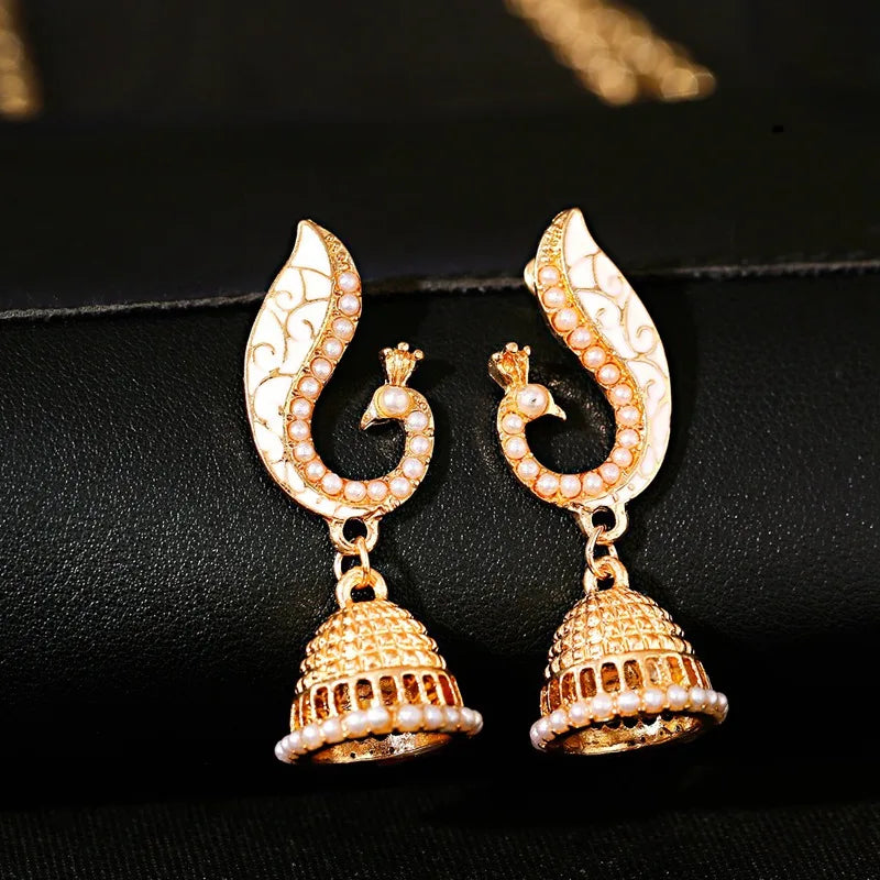 Ethnic Women's Peacock Indian Jewelry Gypsy Vintage Tribe Imitation Pearls Tassel Jhumka Earrings Fashion Jewelry