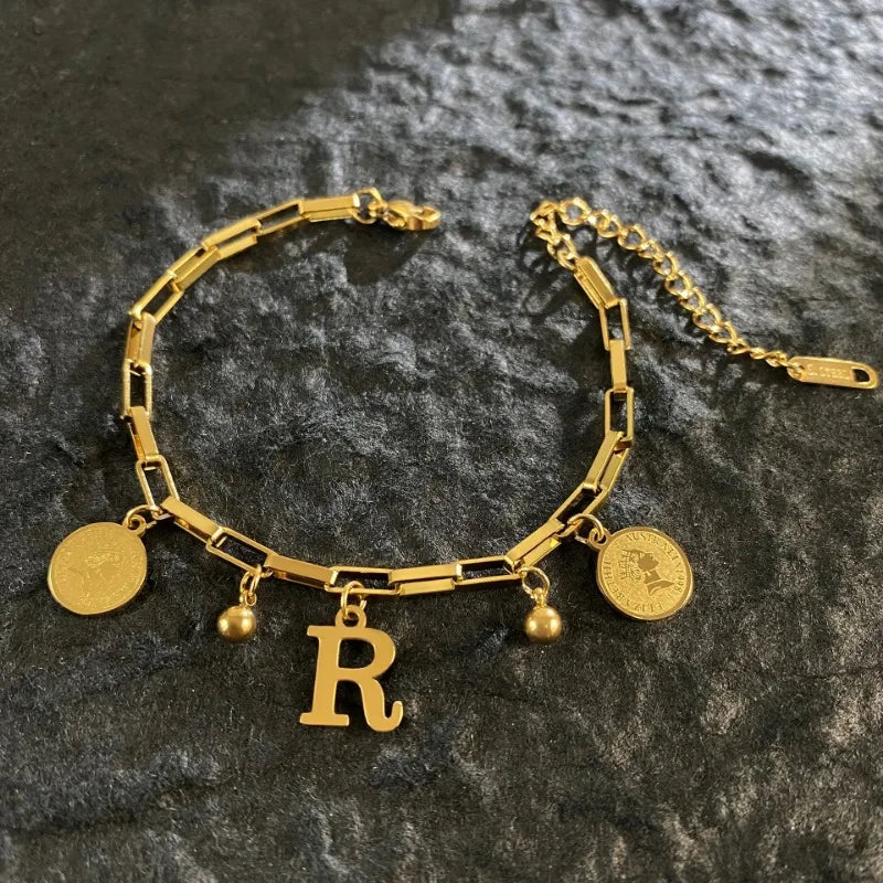 Queen Coin Letter 18K Gold-plated Stainless Steel Bracelet for Women Small Bell Pendant Adjustable Bracelet Classic Jewelry