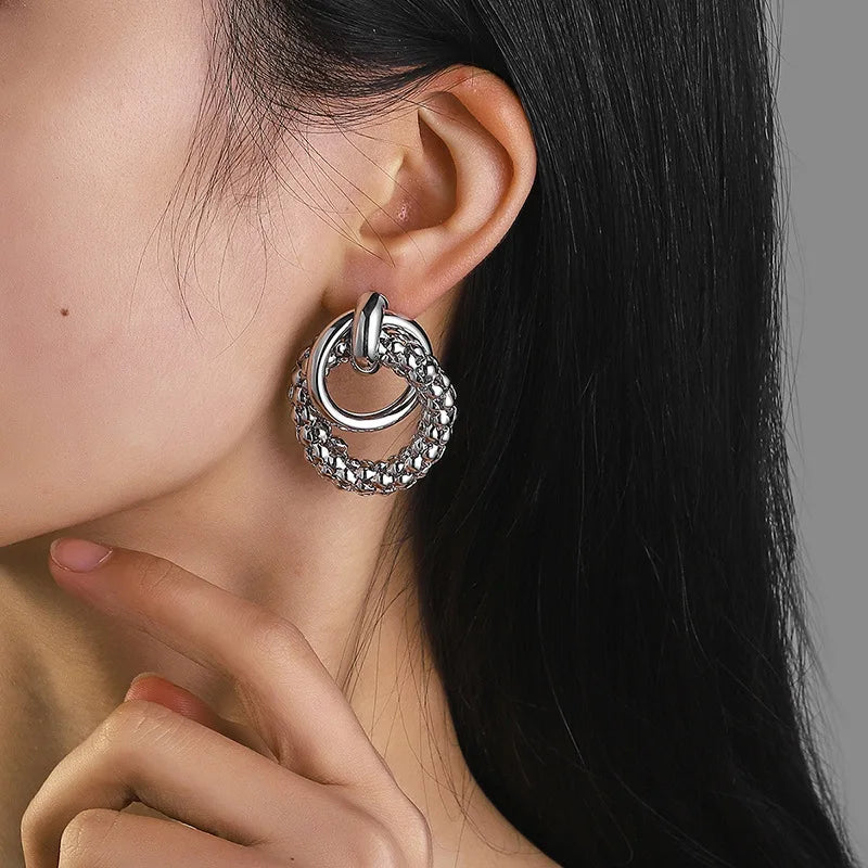 Women Earrings Big Shiny Double Rings Ear Studs Cool Round Metal Eardrop Self-confident Beauty Fashion Jewelry Accessory