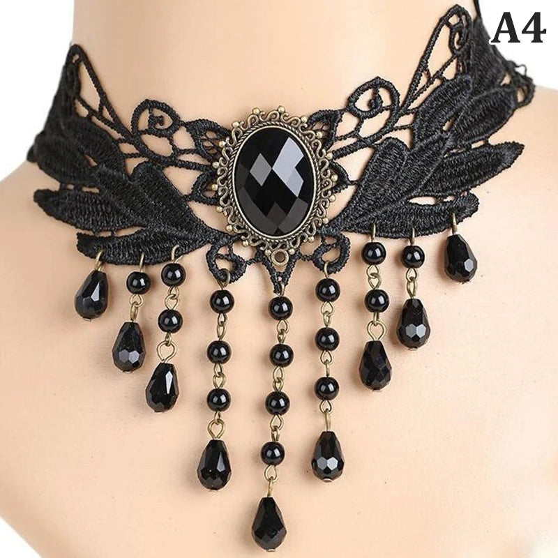 New Sexy Gothic Chokers Crystal Black Lace Neck Choker Necklace Vintage Victorian Women Chocker Steampunk Jewelry