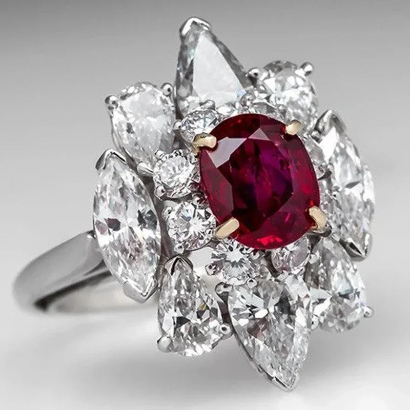 2025 New Elegant Red Corundum Ring with Extra Large Zircon Fashion Party Jewelry Flower Dove Egg Shining First