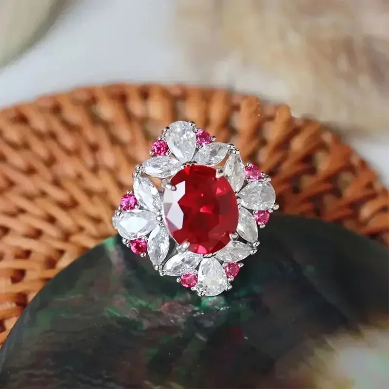 2025 New Elegant Red Corundum Ring with Extra Large Zircon Fashion Party Jewelry Flower Dove Egg Shining First