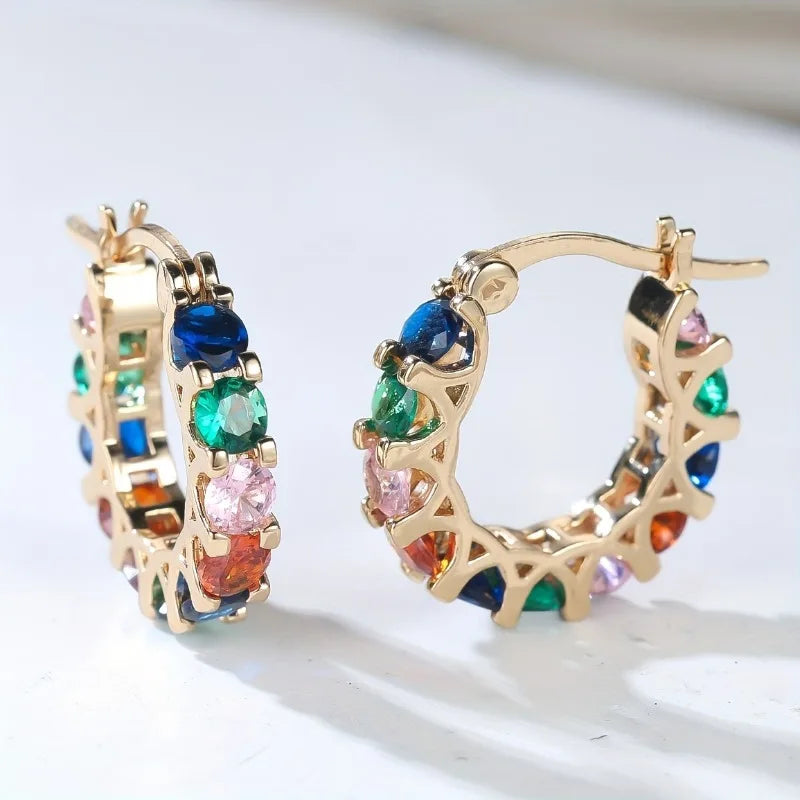 New Rainbow Rectangular Cubic Zirconia Hoop Earrings for Women Bling Luxury Wedding Accessories Party Fashion Jewelry