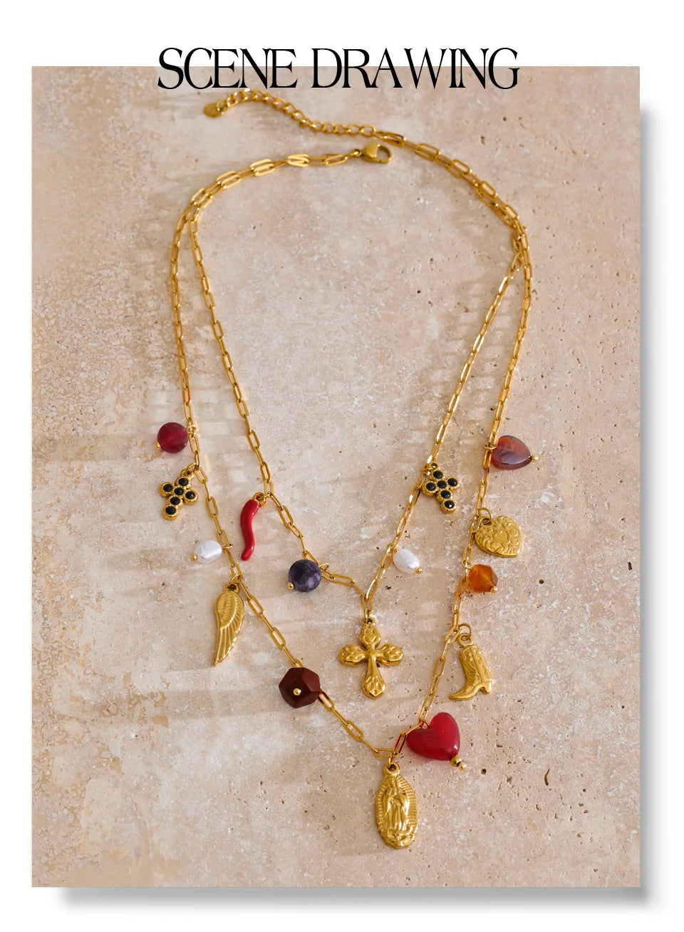 Yhpup Double-Layer Chain Heart Cross Religious Drop Stacking Charm Pendant Necklace 18K Golden Stainless Steel Statement Jewelry