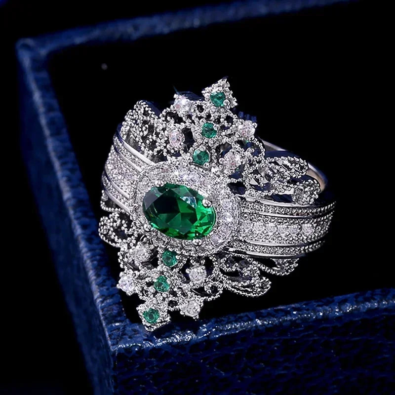 2025 New Luxury High End Party Women's Ring Bright Green Oval Crystal Noble  Retro Style Accessories Gorgeous Gift