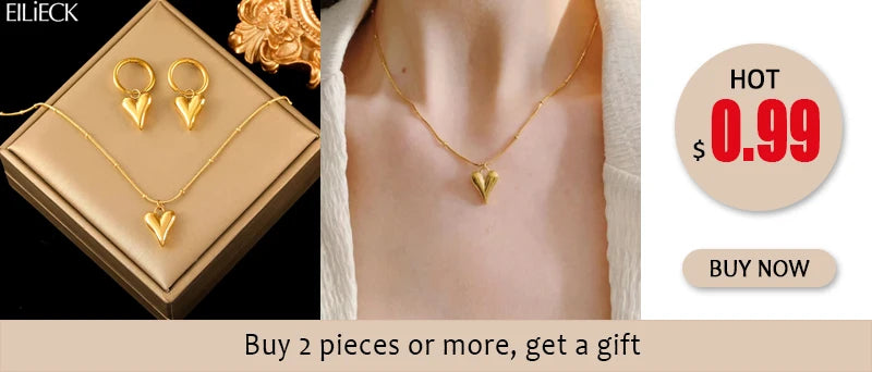 EILIECK New Fashion Stainless Steel Metal Double Heart Necklace Bracelet For Women Fashion Waterproof 3-Color Jewelry Set Gift
