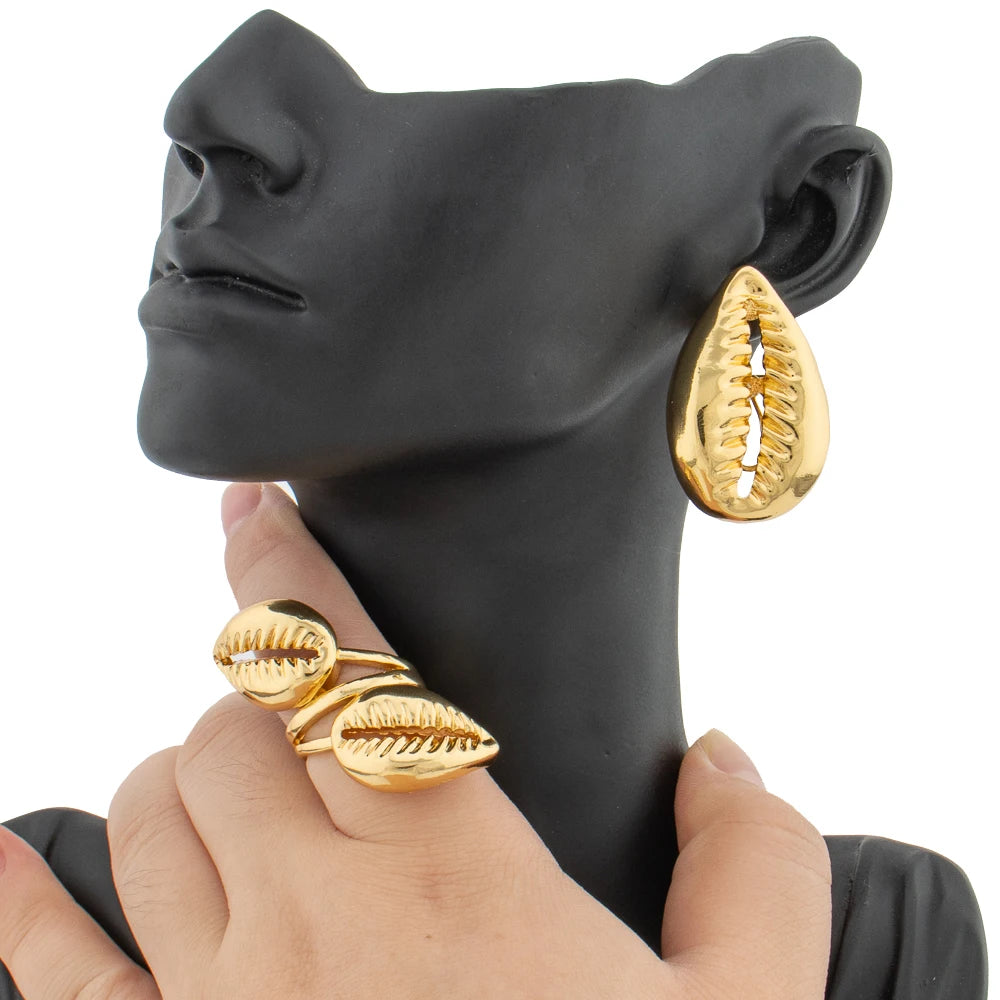 Earrings Jewelry Set for Women African 18k Gold Color Earrings with Ring Unusual Design Ear Accessories Girls Lover Daily Gifts