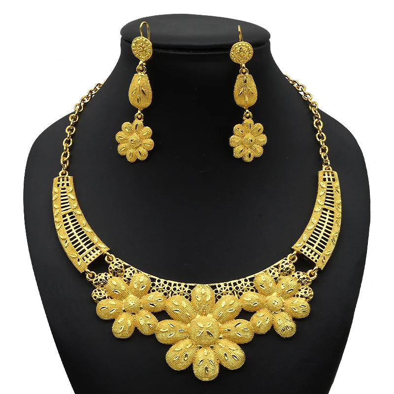 ANIID Luxury Indian Jewelry Sets for Women Party Dubai 24K Gold Color Necklace Set African Wedding Traditional Jewelry Gifts